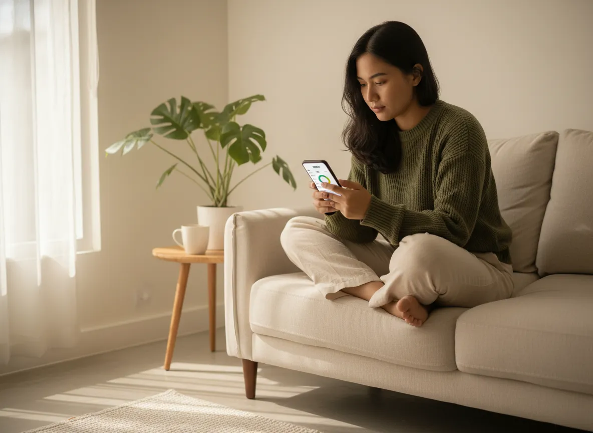 A young woman in a green knit sweater sits on a beige sofa, looking at her phone, with a monstera plant on a side table.