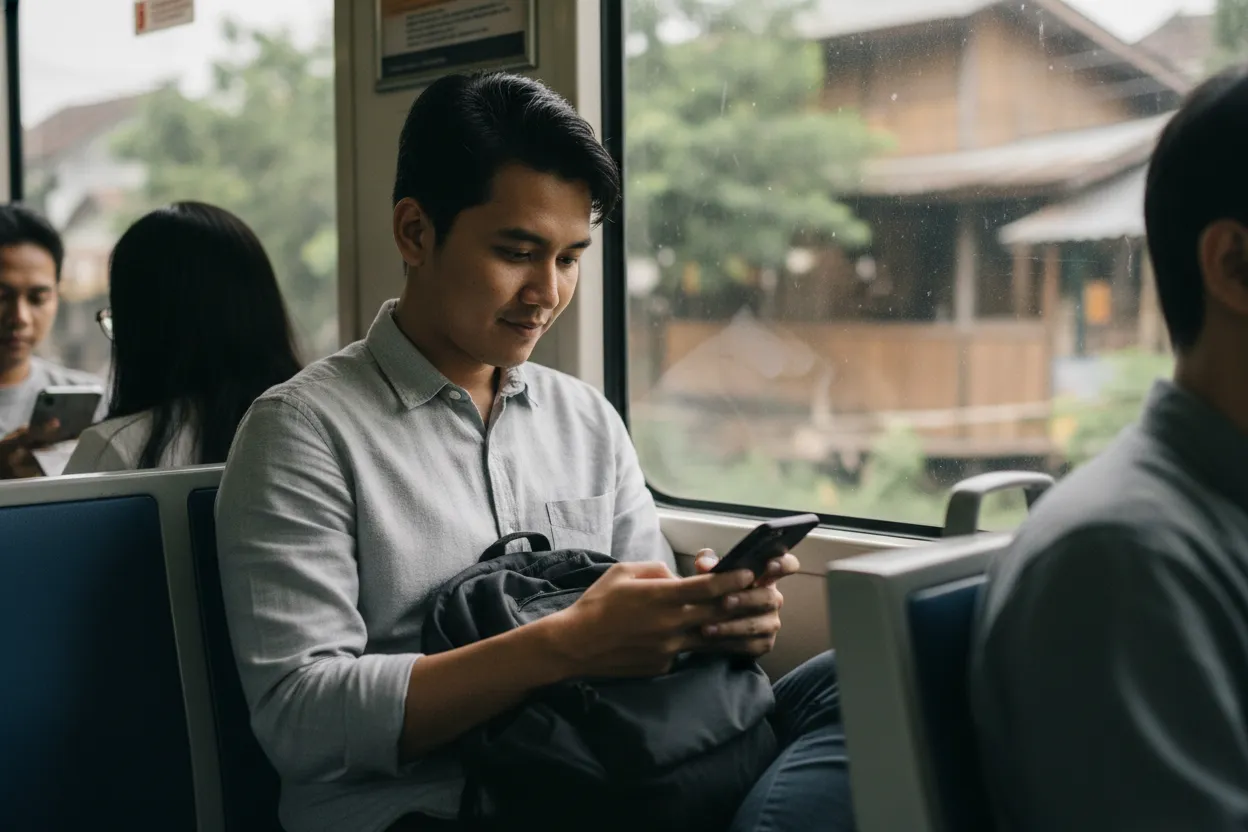 A young man in a gray shirt sits on a commuter train, looking at his phone, with rain on the window.