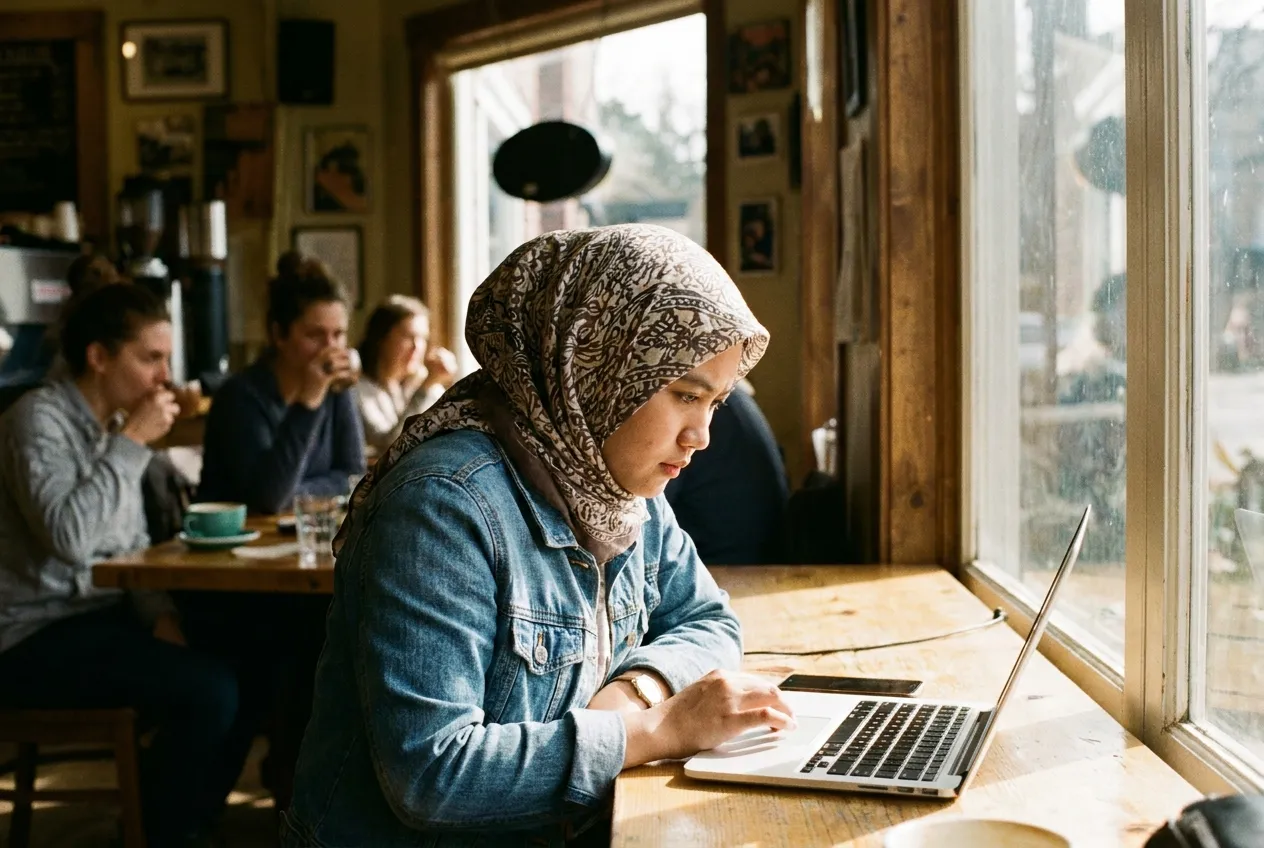A young woman in a hijab and denim jacket sits in a cafe, working on a laptop, with afternoon light from the window.